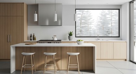Modern kitchen with island and natural light through frosted window