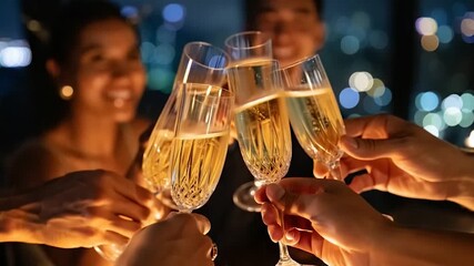 Closeup view hands of a group of diverse people at the stroke of midnight, celebrating the New Year 2026 with a joyful toast clinking sparkling wine glasses enthusiastically. Expressions of happiness - Powered by Adobe