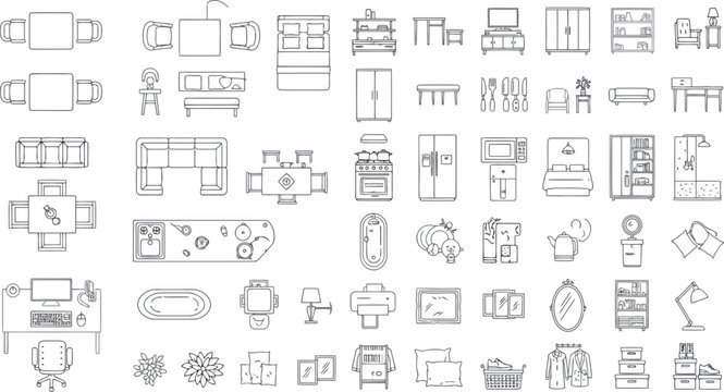 Set of various furniture icons and symbols for interior design and architectural planning, isolated on