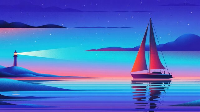 Sailboat gliding peacefully under starry skies, lighthouse guiding the way - a tranquil escape into a dreamlike seascape with calming vibes