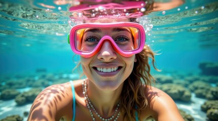 Underwater selfie smiling woman swim goggles snorkeling clear water coral reef tropical sea summer vacation marine life adventure