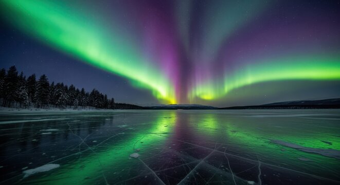 Vibrant aurora borealis dances across a starry night sky over frozen lake