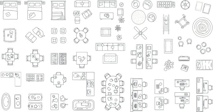 Assortment of topdown architectural drawings of home furniture and decor, isolated on