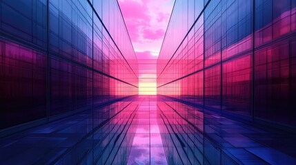 Futuristic glass office buildings reflecting vibrant pink sunset