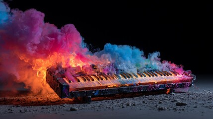 Awesome photo of colorful smoke enveloping a keyboard, creating a vibrant and dynamic scene.