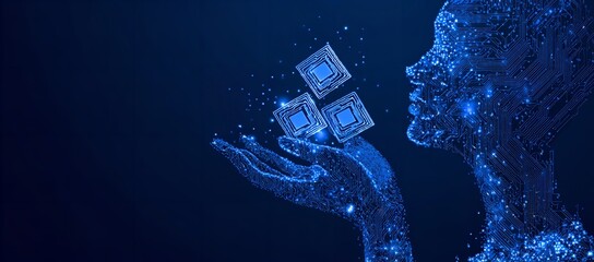 Digital hand holding microchips with a human head silhouette representing artificial intelligence and technological advancement concept