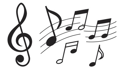 Illustration of a treble clef and various musical notes arranged on a staff in black and white style vreated with genrated ai