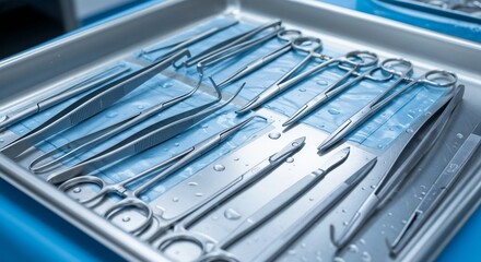Surgical tools arranged on metal tray with droplets, medical setting, close-up view