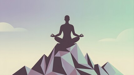 Find inner peace with this serene silhouette meditating atop a polygonal mountain peak, perfect for wellness retreats and mindfulness campaigns