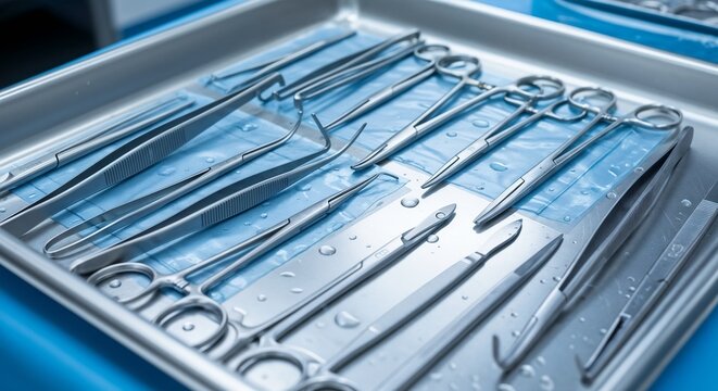 Surgical tools arranged on metal tray with droplets, medical setting, close-up view
