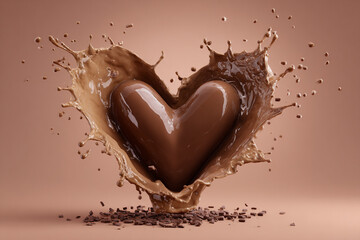 A rich chocolate heart splashes into a pool of creamy chocolate liquid with delicious chocolate pieces scattered below a sweet indulgence