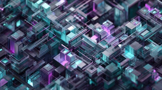 Abstract technological city structures forming a digital network