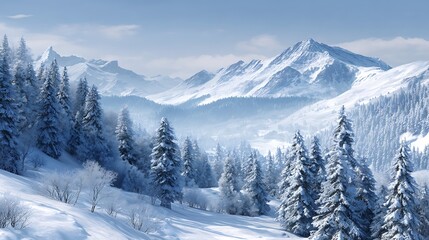 Awesome photo of snowy mountain landscape with pine trees and blue sky in winter season.