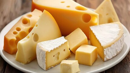 A plate of cheese dices in various shapes and sizes, artistically arranged for a tasting event
