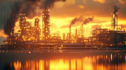 Fototapeta premium Oil refinery industry with smoke polluting atmosphere during rain at sunset