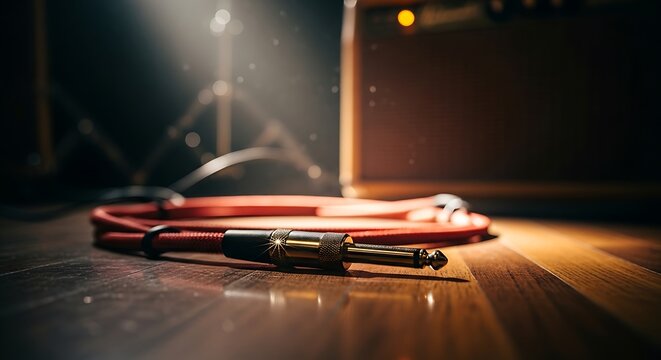 A red audio jack cable rests on a wooden stage floor with a guitar amplifier in the background under a spotlight.