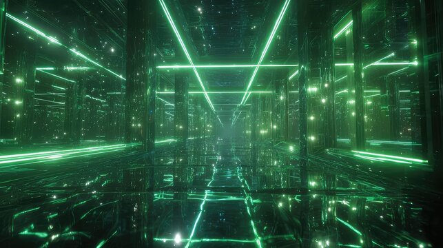 Glowing green neon light tunnel with reflections