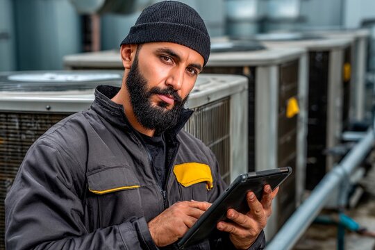 A technician stands near large cooling units, focused on his tablet. He wears a black beanie and work gear, analyzing data in a busy mechanical environment during the day