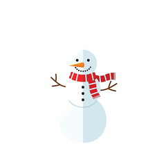Flat snowman with a carrot nose and a scarf, isolated on a white background. Vector Illustration