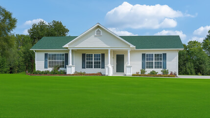 Blank white signpost, a clear canvas for your message, stands before a modern residential house, symbolizing a fresh start and new opportunities in the real estate market