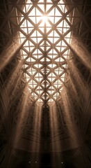 Architectural shot of a geometric ceiling with sunlight streaming through the diamond-shaped openings, creating dramatic light rays and shadows.