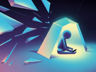 Isolated figure finds solace within a glowing geometric shelter as abstract shards explode around them, symbolizing inner peace amidst chaos.