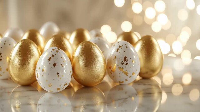Golden Easter eggs with white speckled eggs on a reflective surface