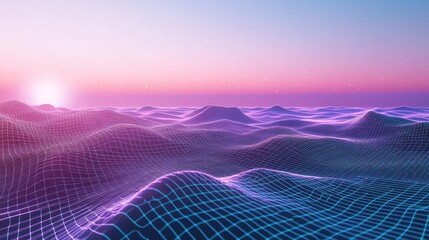 Futuristic retro grid landscape with sunrise data flow