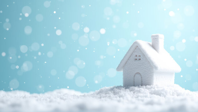 white snow-covered snowfall house blue background - Powered by Adobe