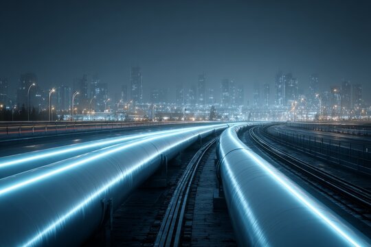 Pipelines glowing with light transporting energy next to city railway and highway
