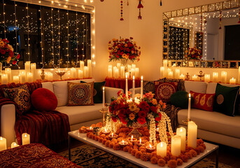 A beautifully decorated living room interior illuminated by numerous candles and string lights, creating a warm and festive ambiance for a celebration