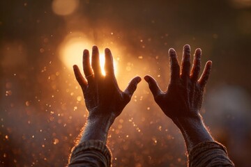 Hands reaching up toward the bright golden light, symbolizing hope, faith, and spiritual connection