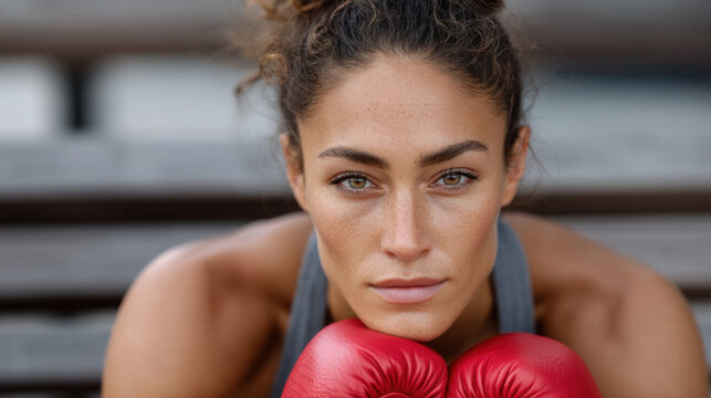 Determined female boxer with red gloves rests after training, showcasing strength and focus