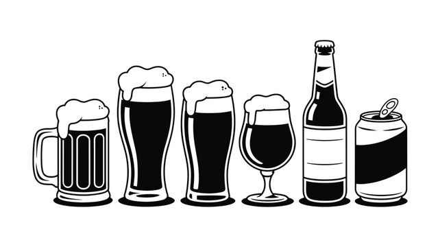 Lineup of beer vessels, mug, pint glasses, tulip glass, bottle, and can, filled with frothy brew in a clean black and white vector illustration. - Powered by Adobe