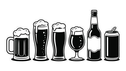 Monochromatic vector illustration featuring an array of beer containers: mug, glasses, bottle, and can, all with foamy craft beer