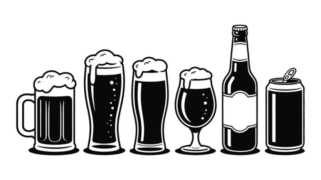 Monochromatic vector illustration featuring an array of beer containers: mug, glasses, bottle, and can, all with foamy craft beer