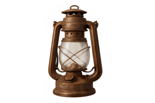 Vintage kerosene lantern providing rustic old world light, retro brass oil lamp on transparent background