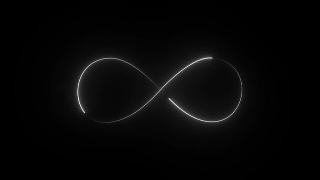 Glowing white neon infinity symbol animation on black background, seamless loop clipart footage for modern design
