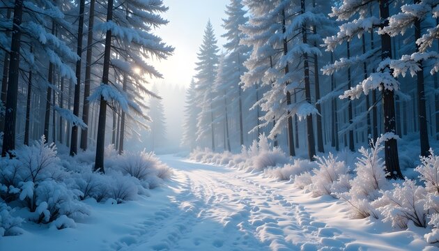 a quiet snow-covered forest at dawn with frosty pine branches and soft blue winter light