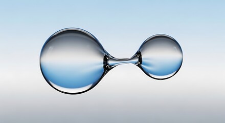 Abstract representation of a diatomic molecule formed by two merging liquid drops against a blue gradient background.