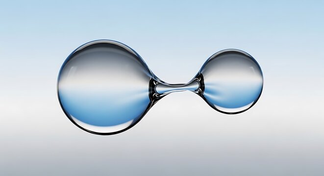 Abstract representation of a diatomic molecule formed by two merging liquid drops against a blue gradient background.