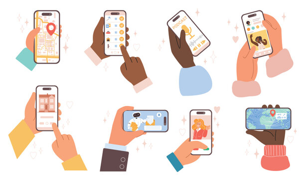 Diverse hands holding smartphones displaying maps, podcasts, chats, video calls, social media, representing modern mobile communication technology use isolated on white background vector illustration