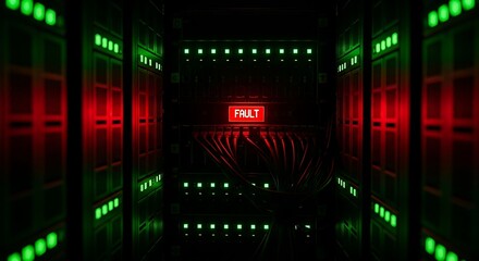 Dark server room corridor illuminated by green lights and a red glowing FAULT sign at the end.