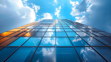 Low angle view of a modern glass building reflecting the blue sky and white clouds on its facade