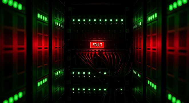 Dark server room corridor illuminated by green lights and a red glowing FAULT sign at the end.