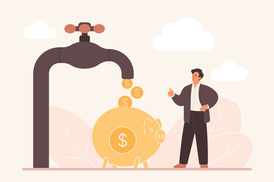 Man stands by piggy bank as coins flow from faucet, representing passive income, financial growth, and wealth accumulation, ideal for investment and savings themes vector illustration