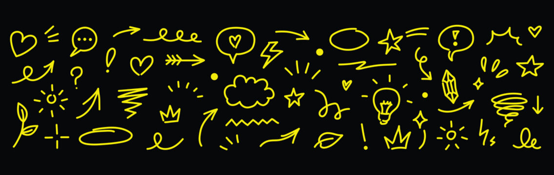 Line marker hand drawn brush arrow element set. Sketch pencil stroke vector graphic pen underline scribble icon. Hand drawn line heart, crown, star symbol highlight marker shape. Vector illustration