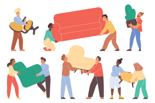 Group of diverse people carrying sofa, armchair, table, and plant, working together during relocation or moving day, teamwork and cooperation concept, isolated on white background vector illustration