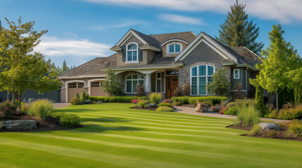 Blank white signpost, a clear canvas for your message, stands before a modern residential house, symbolizing a fresh start and new opportunities in the real estate market