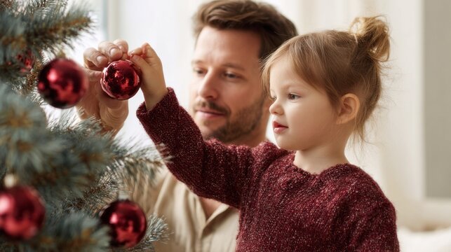 In a warm and inviting living room, a father and his young daughter are joyfully decorating their Christmas tree. They carefully hang shiny red ornaments, surrounded by holiday cheer and warmth
